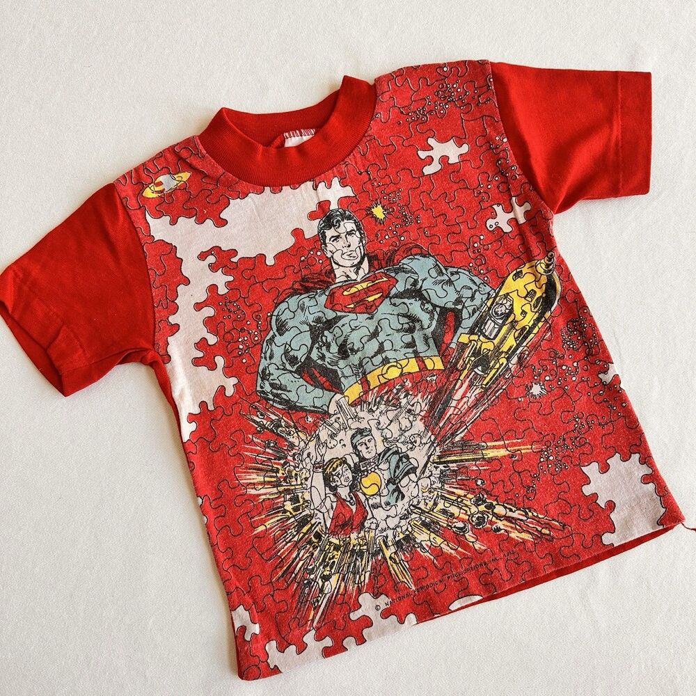 Vintage Superman Rob Roy Boys T Shirt Puzzle Graphic Red DC Comics USA Kids
